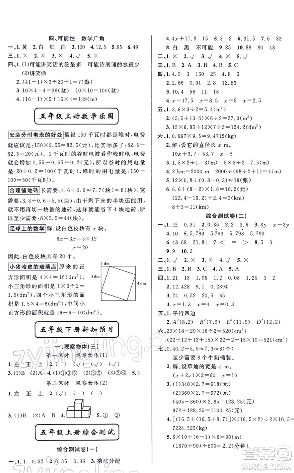 新疆青少年出版社2022寒假作業(yè)五年級數(shù)學(xué)人教版答案