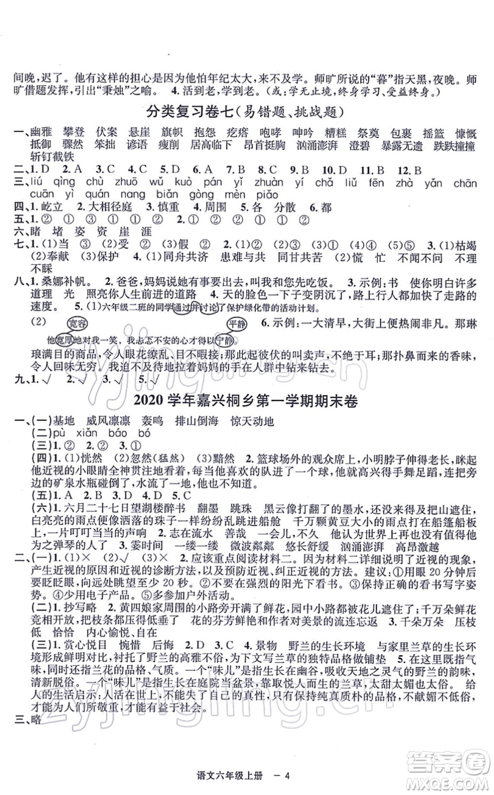 寧波出版社2021浙江各地期末迎考卷六年級語文上冊R人教版答案