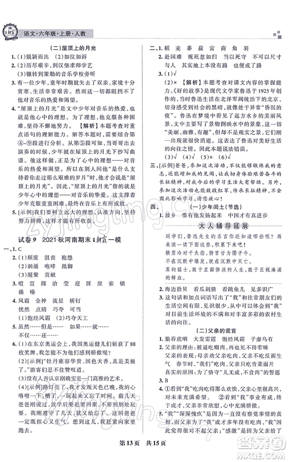 江西人民出版社2021王朝霞各地期末試卷精選六年級(jí)語文上冊(cè)RJ人教版河南專版答案