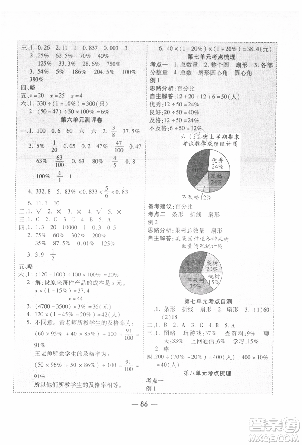 河北科學(xué)技術(shù)出版社2021成功一號(hào)名卷天下課時(shí)練測(cè)試卷六年級(jí)數(shù)學(xué)上冊(cè)人教版參考答案