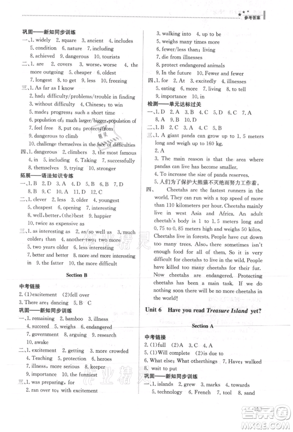 明天出版社2021初中同步練習(xí)冊(cè)五四制八年級(jí)英語(yǔ)上冊(cè)魯教版參考答案