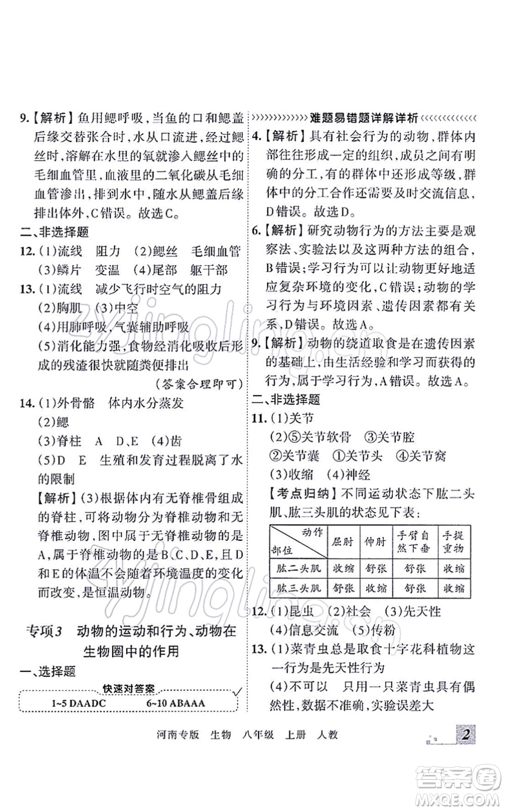 江西人民出版社2021王朝霞各地期末試卷精選八年級生物上冊RJ人教版河南專版答案