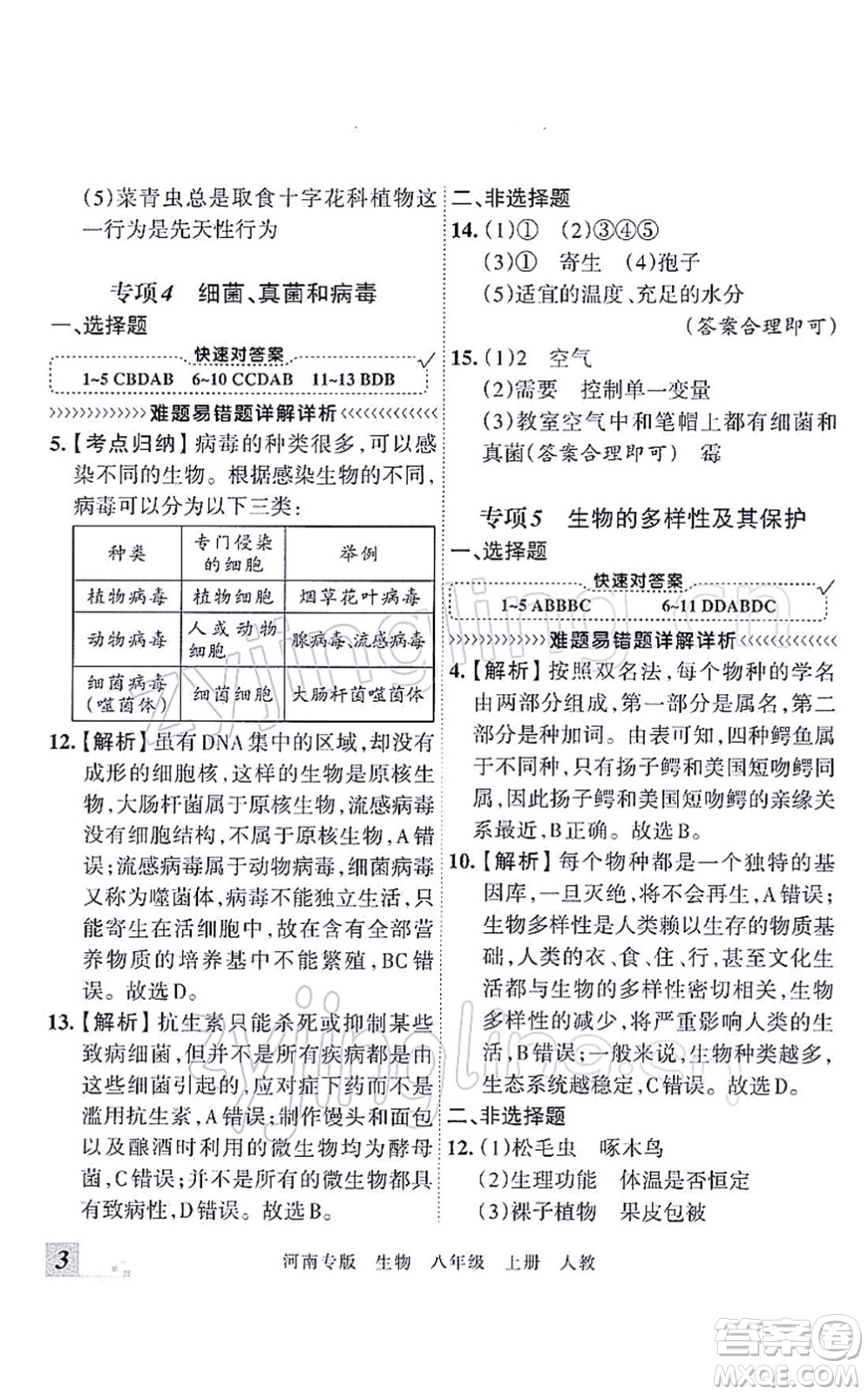 江西人民出版社2021王朝霞各地期末試卷精選八年級生物上冊RJ人教版河南專版答案