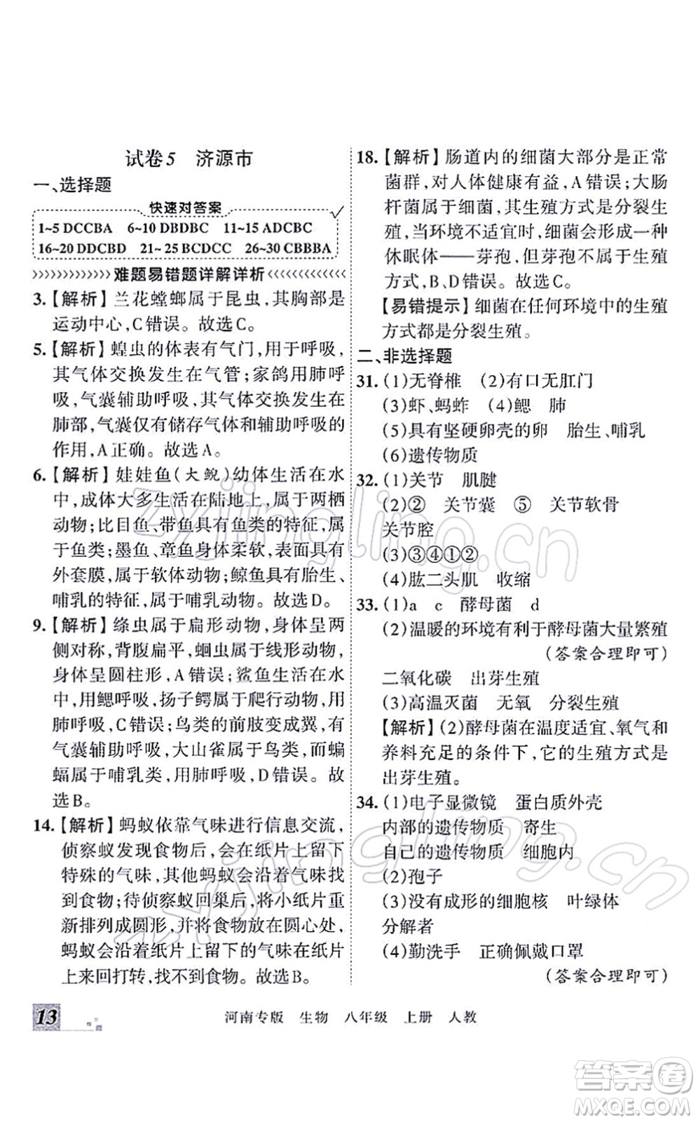 江西人民出版社2021王朝霞各地期末試卷精選八年級生物上冊RJ人教版河南專版答案