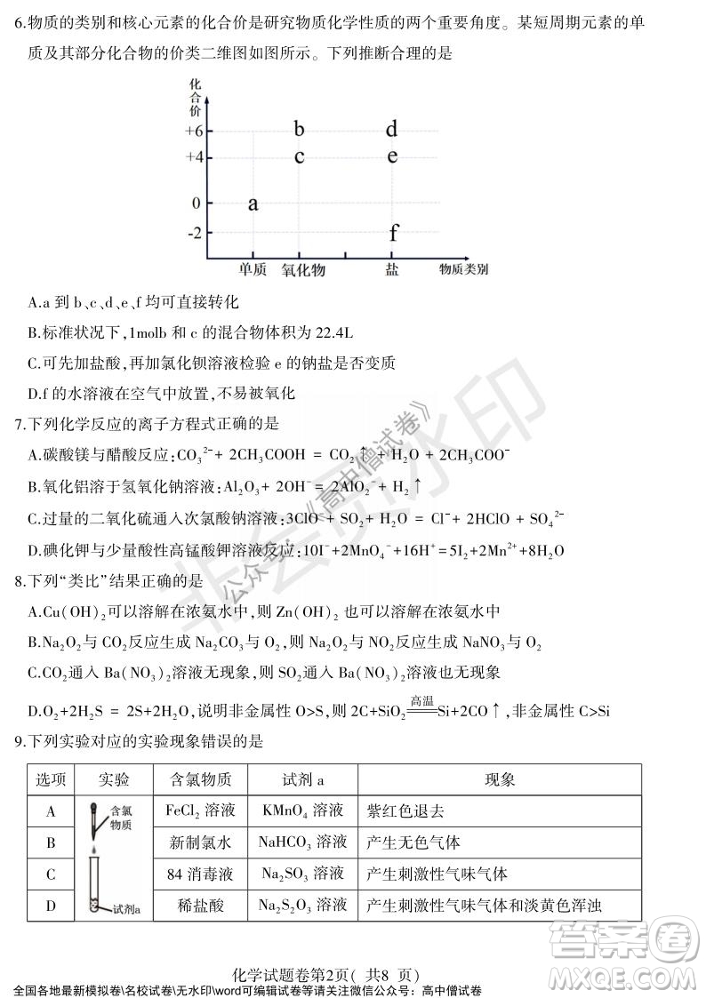 淮北市2022屆高三第一次模擬考試化學(xué)試卷及答案