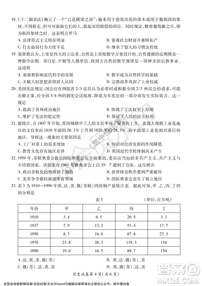 淮北市2022屆高三第一次模擬考試歷史試卷及答案