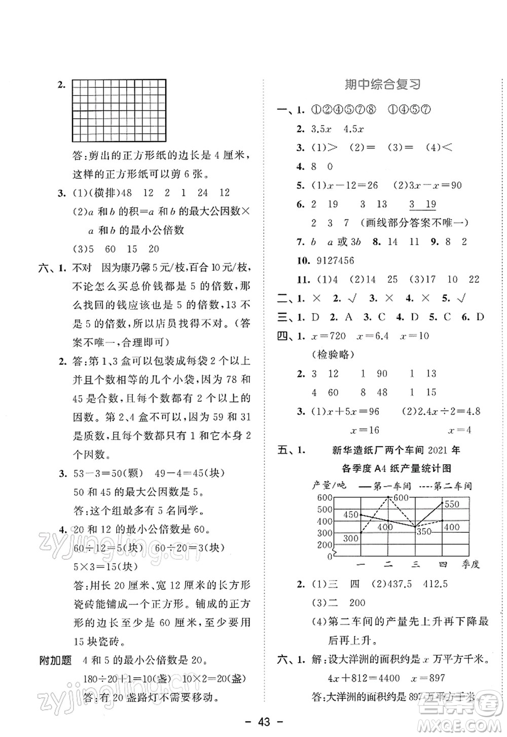 教育科學(xué)出版社2022春季53天天練五年級(jí)數(shù)學(xué)下冊SJ蘇教版答案