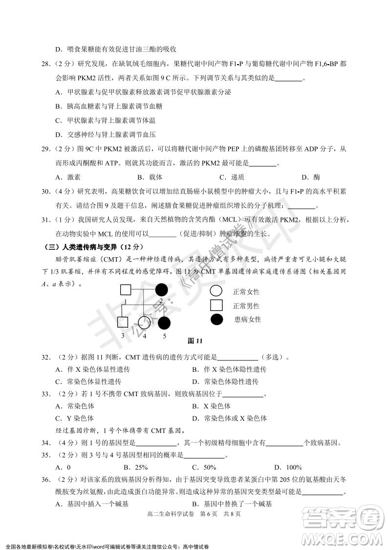 上海黃浦區(qū)2021學(xué)年度第一學(xué)期高三年級(jí)期終調(diào)研測(cè)試生命科學(xué)試題及答案