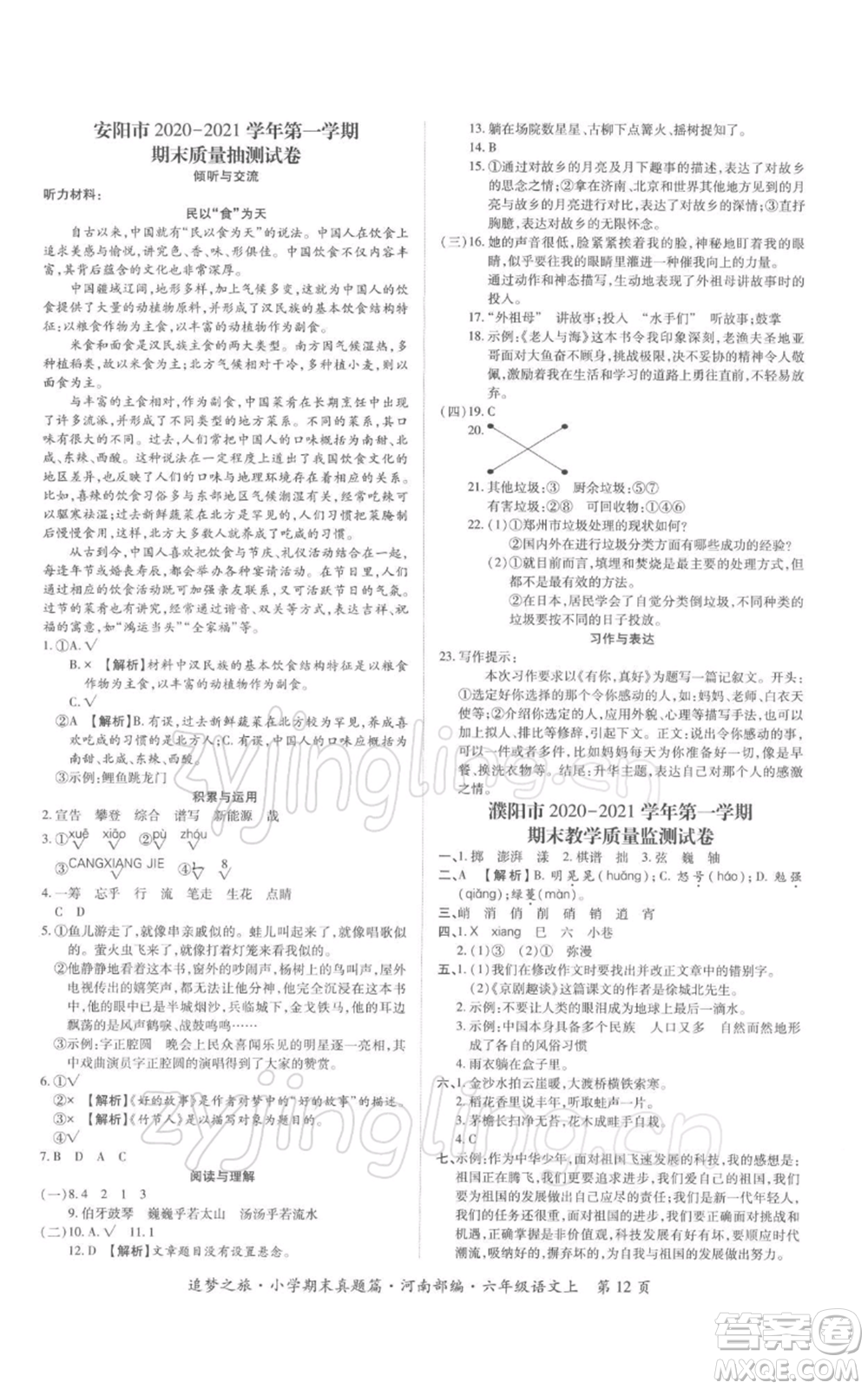 天津科學(xué)技術(shù)出版社2021追夢之旅小學(xué)期末真題篇六年級語文上冊人教版河南專版參考答案