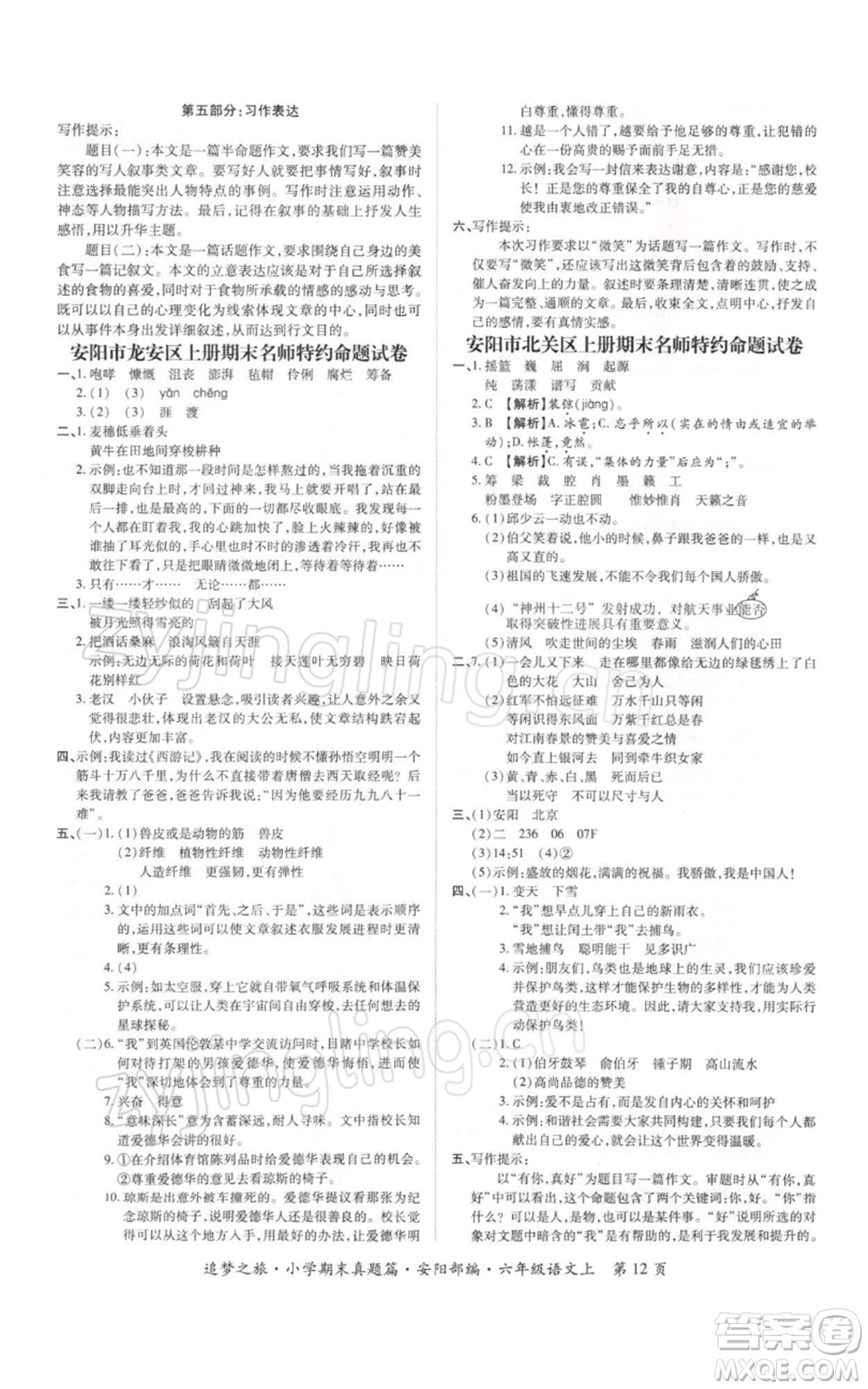 天津科學(xué)技術(shù)出版社2021追夢(mèng)之旅小學(xué)期末真題篇六年級(jí)語文上冊(cè)人教版安陽專版參考答案