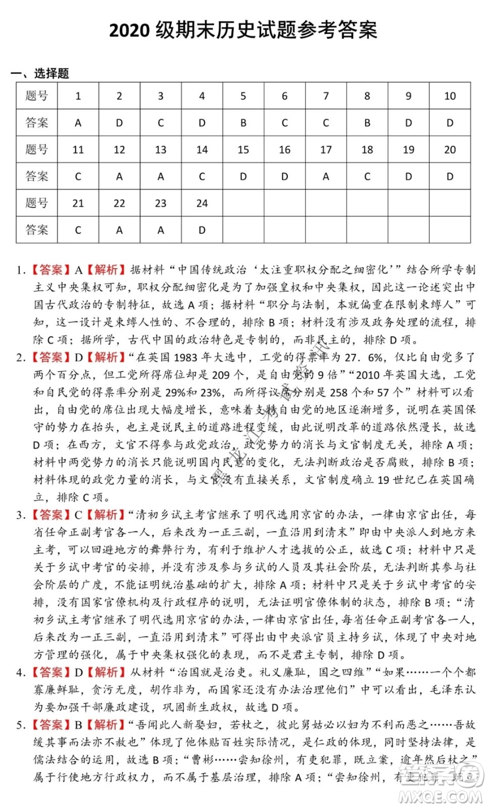 鐵人中學(xué)2020級(jí)高二學(xué)年上學(xué)期期末考試歷史試題及答案