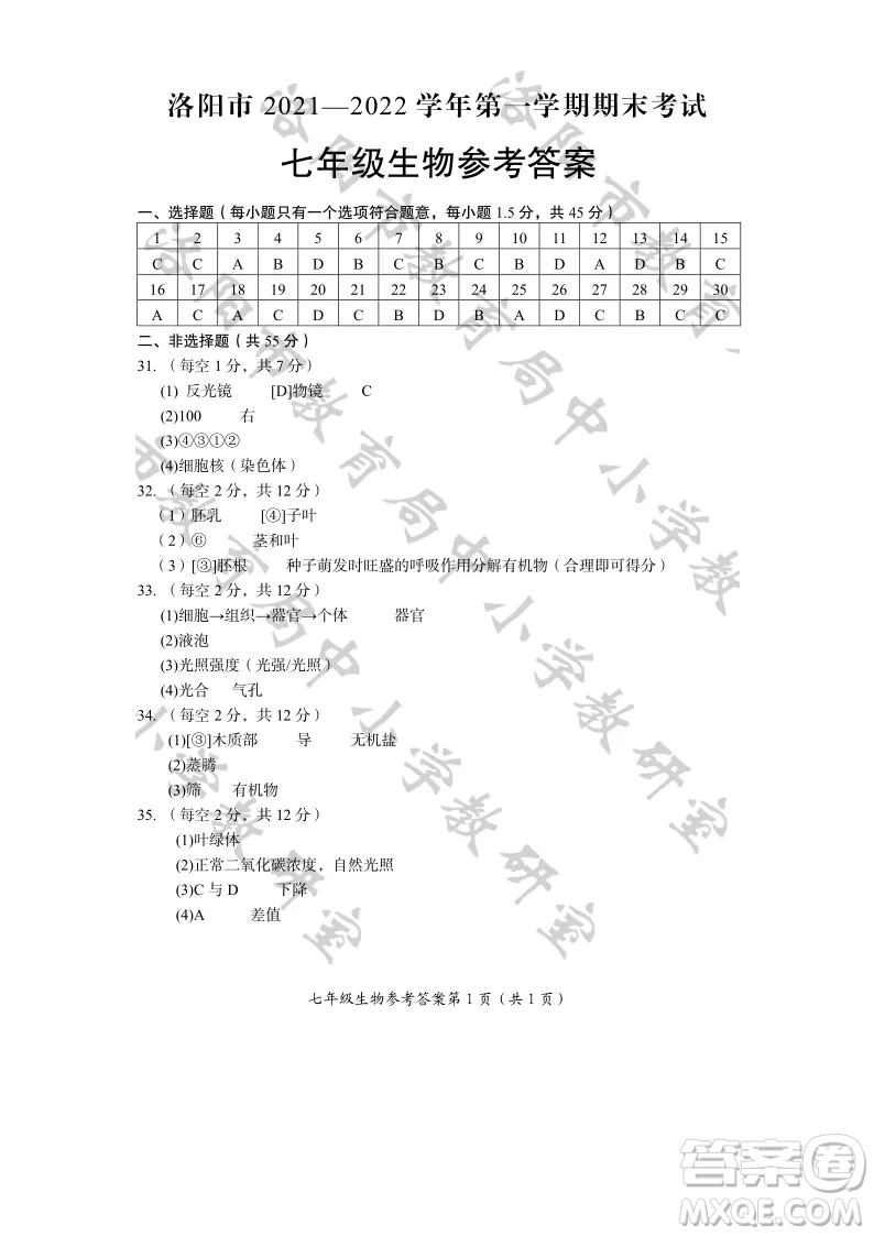 洛陽市2021-2022學(xué)年第一學(xué)期期末考試七年級(jí)生物試題及答案