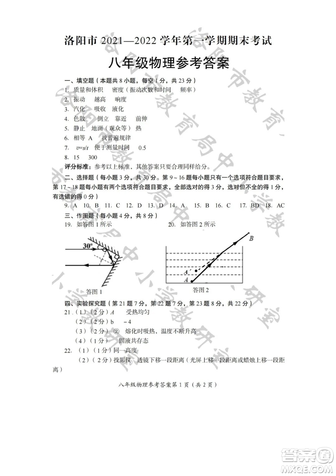 洛陽市2021-2022學年第一學期期末考試八年級物理試題及答案