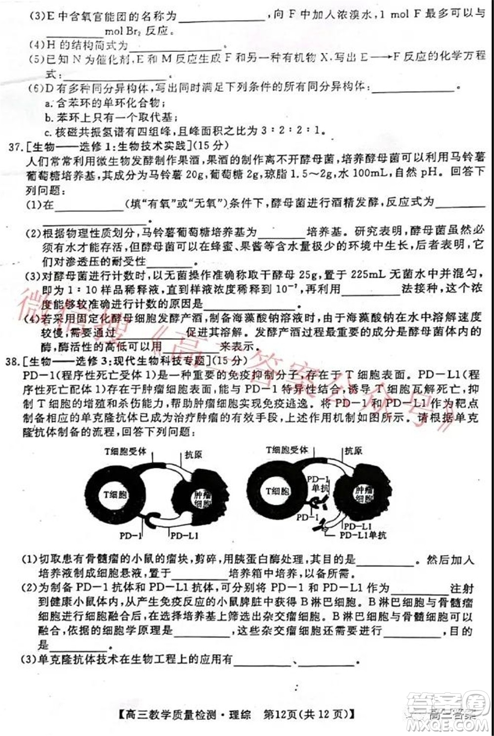 2022年1月廣西高三教學(xué)質(zhì)量監(jiān)測(cè)試題理科綜合試題及答案