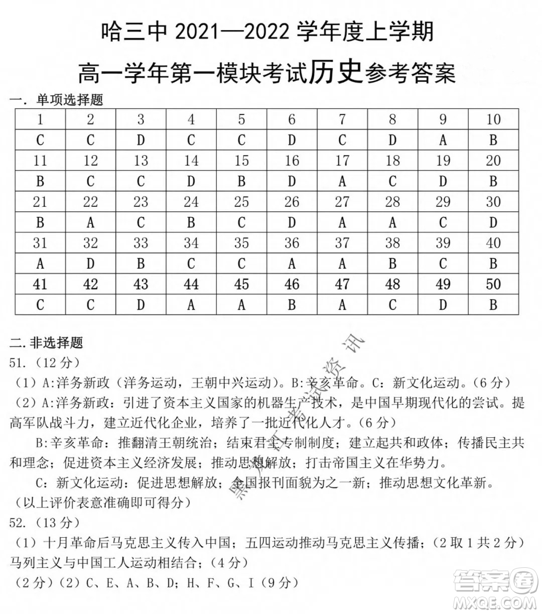 哈三中2021-2022學(xué)年度上學(xué)期高一學(xué)年第一模塊考試歷史試卷及答案