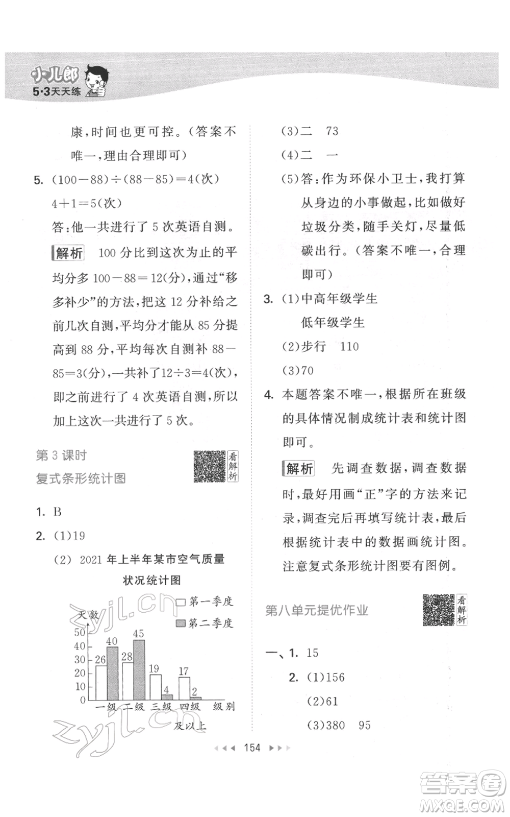 教育科學出版社2022春季53天天練四年級數學下冊人教版參考答案