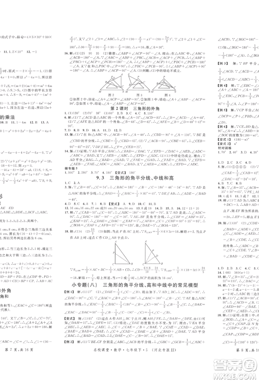 安徽師范大學(xué)出版社2022名校課堂七年級數(shù)學(xué)下冊冀教版河北專版參考答案