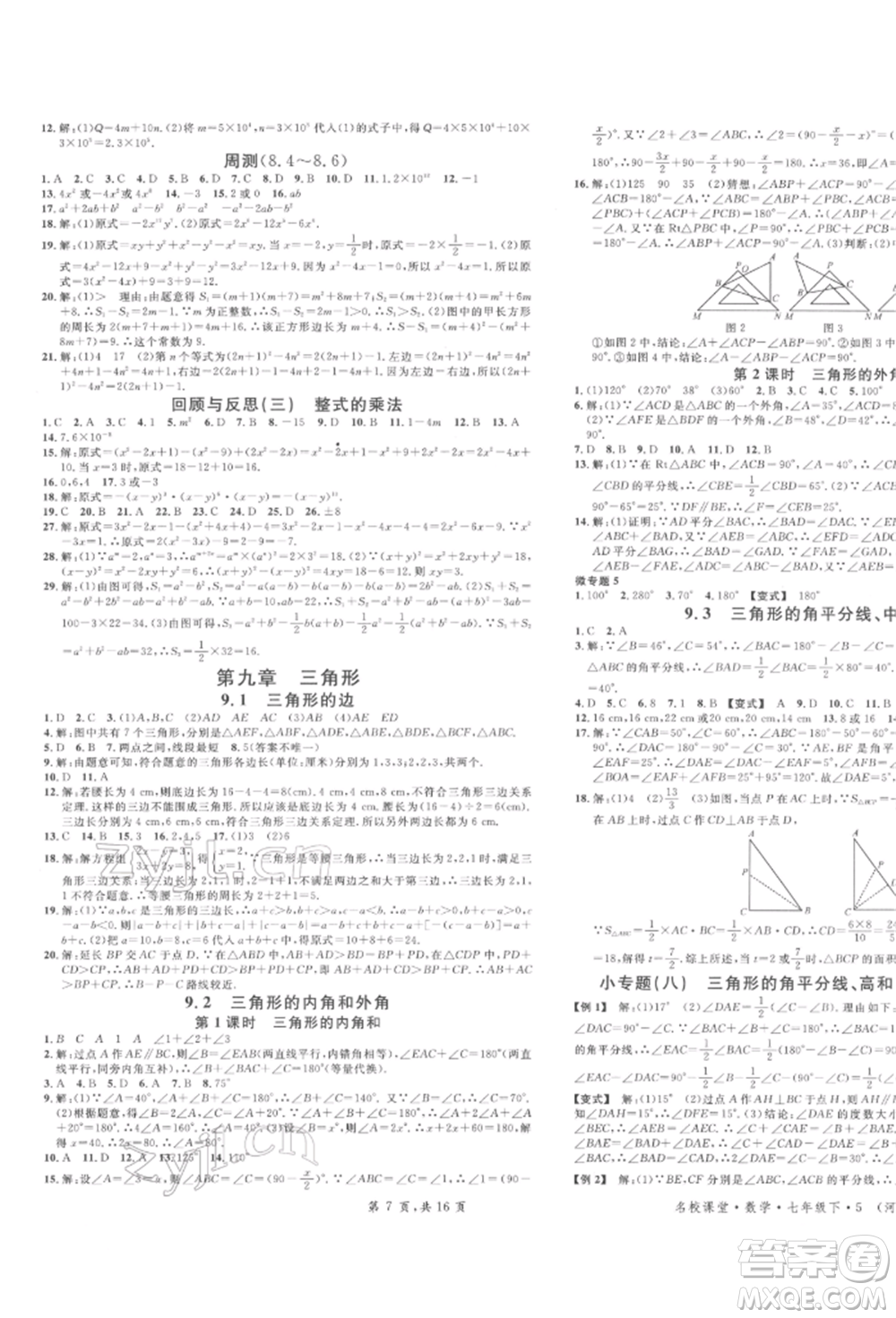 安徽師范大學(xué)出版社2022名校課堂七年級數(shù)學(xué)下冊冀教版河北專版參考答案