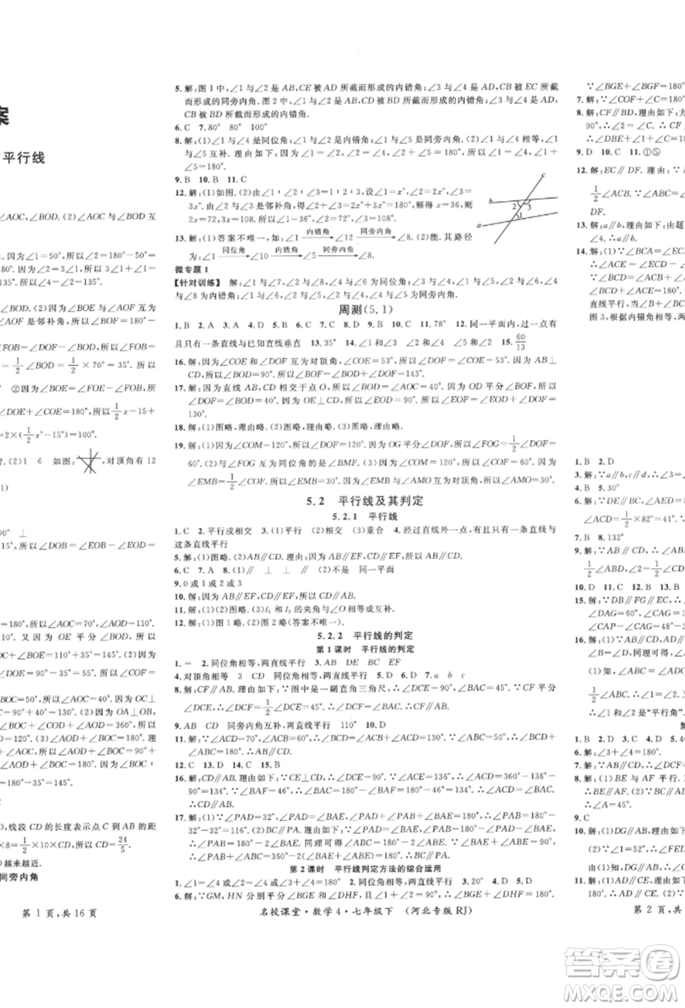 安徽師范大學(xué)出版社2022名校課堂七年級數(shù)學(xué)下冊人教版河北專版參考答案