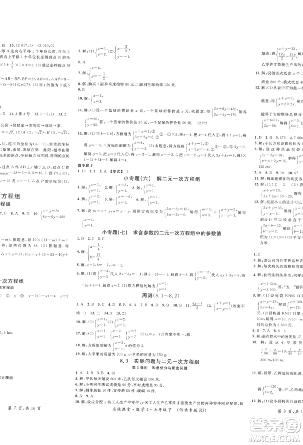 安徽師范大學(xué)出版社2022名校課堂七年級數(shù)學(xué)下冊人教版河北專版參考答案