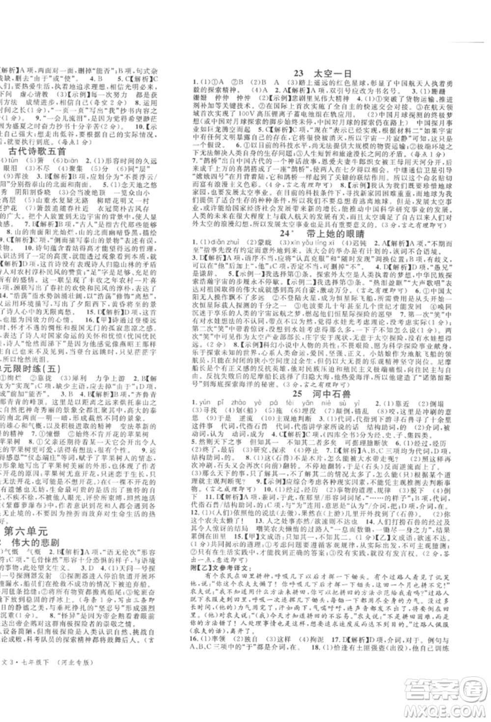 安徽師范大學出版社2022名校課堂晨讀手冊七年級語文下冊人教版河北專版參考答案