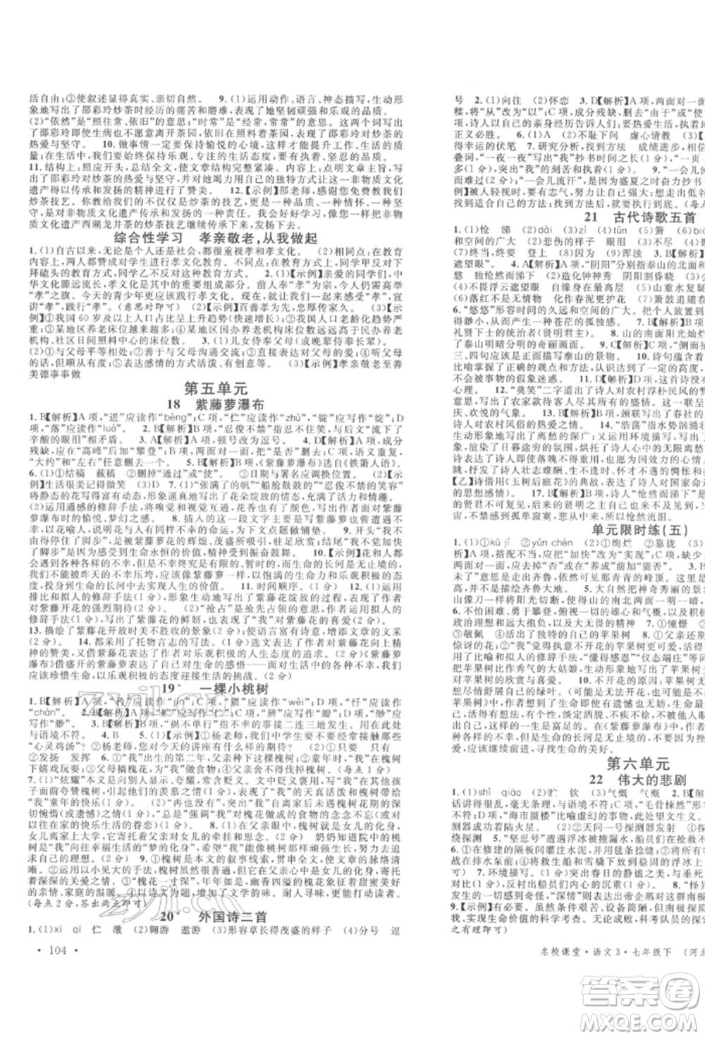 安徽師范大學出版社2022名校課堂晨讀手冊七年級語文下冊人教版河北專版參考答案