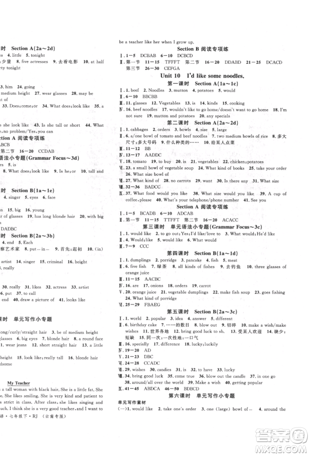 吉林教育出版社2022名校課堂滾動(dòng)學(xué)習(xí)法七年級(jí)英語下冊(cè)人教版云南專版參考答案