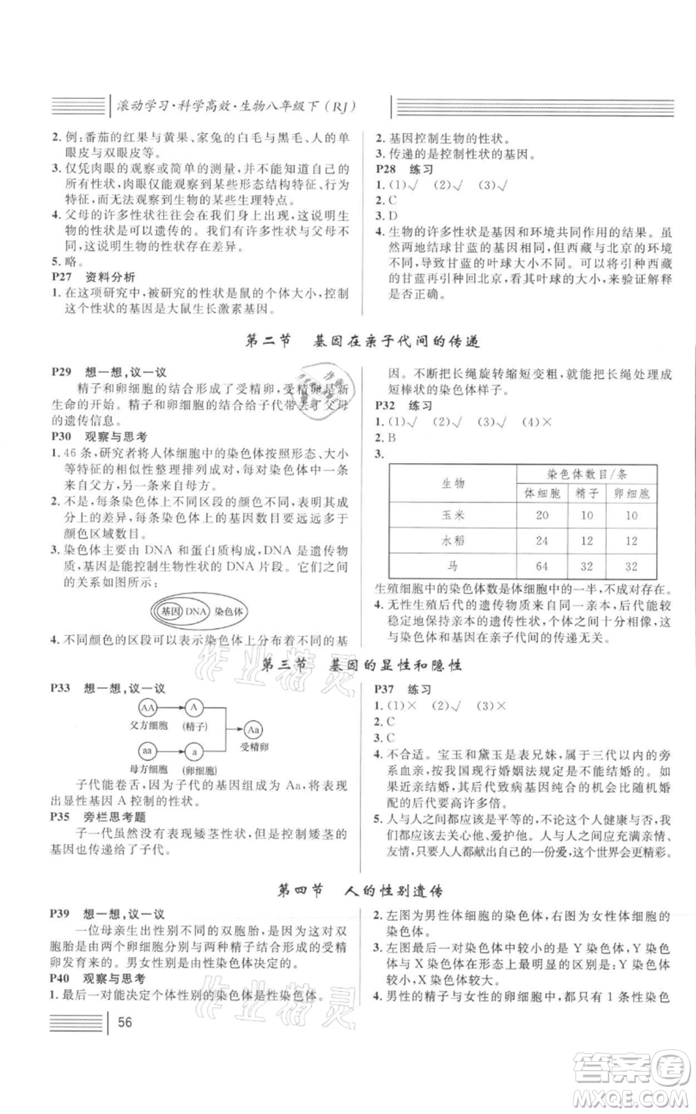 中國地圖出版社2022名校課堂期末復(fù)習(xí)八年級(jí)生物下冊人教版湖北三市專版參考答案