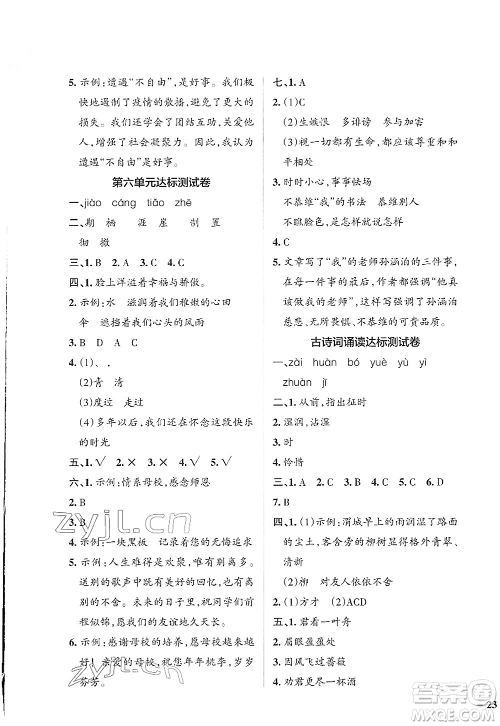 遼寧教育出版社2022PASS小學(xué)學(xué)霸作業(yè)本六年級語文下冊統(tǒng)編版答案