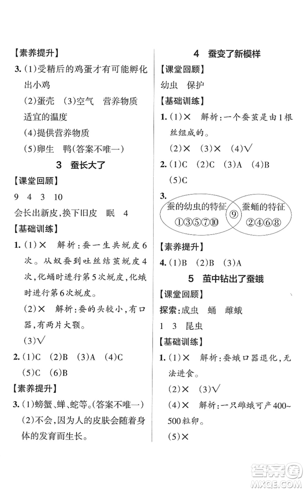 陜西師范大學出版總社2022PASS小學學霸作業(yè)本三年級科學下冊JK教科版答案