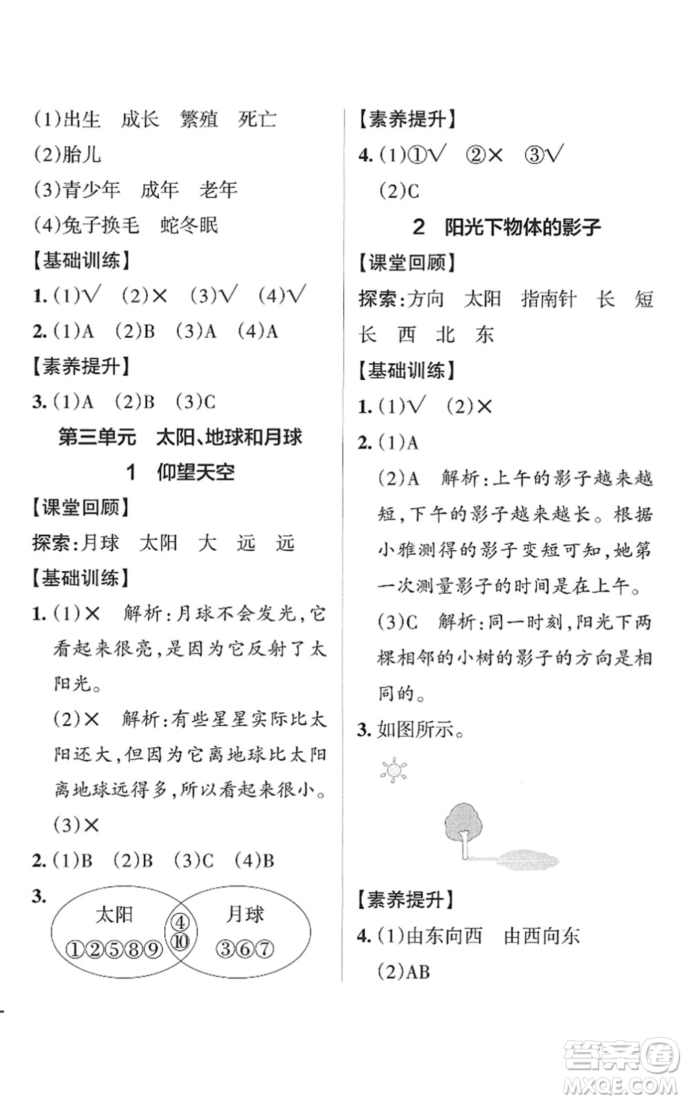 陜西師范大學出版總社2022PASS小學學霸作業(yè)本三年級科學下冊JK教科版答案