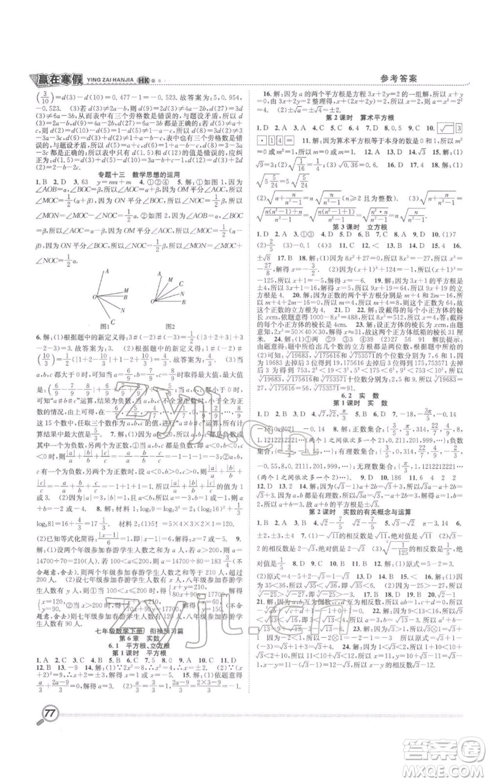 合肥工業(yè)大學出版社2022贏在寒假銜接教材七年級數學滬科版參考答案