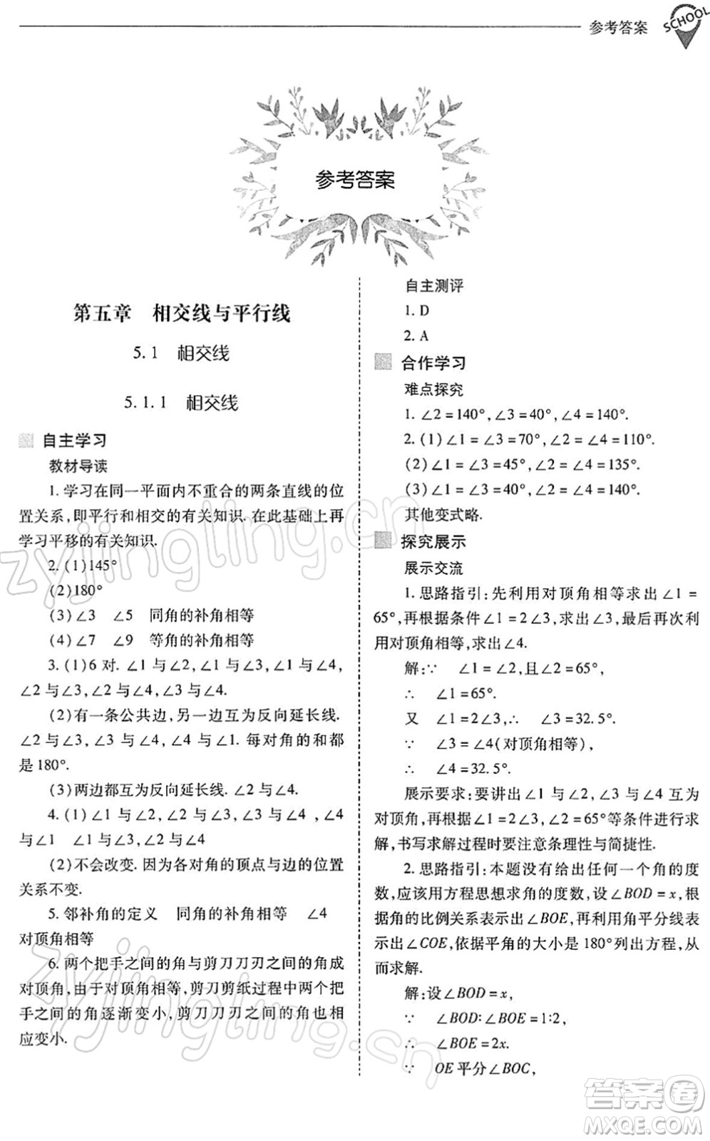 山西教育出版社2022新課程問題解決導學方案七年級數學下冊人教版答案