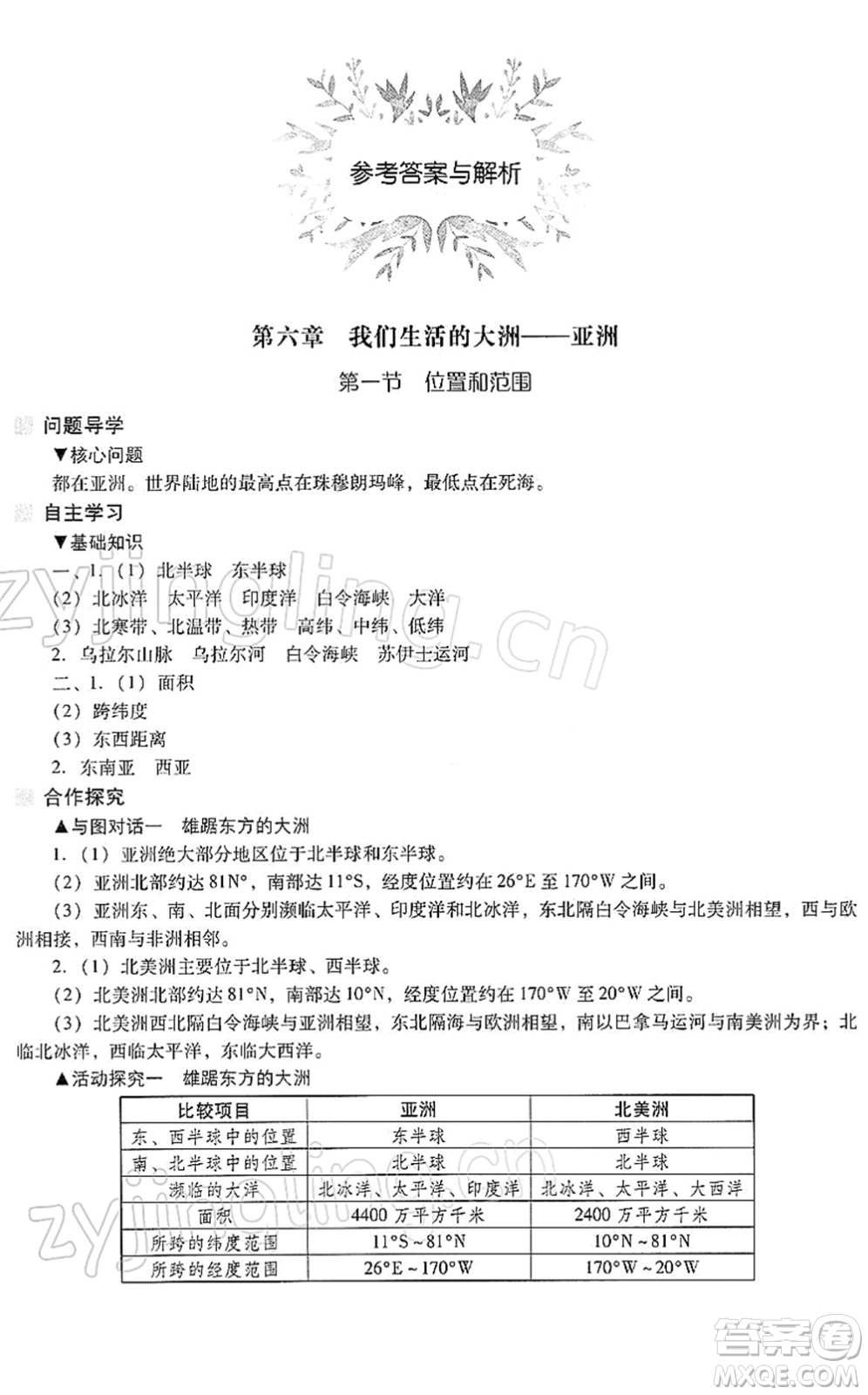 山西教育出版社2022新課程問題解決導(dǎo)學(xué)方案七年級地理下冊人教版答案