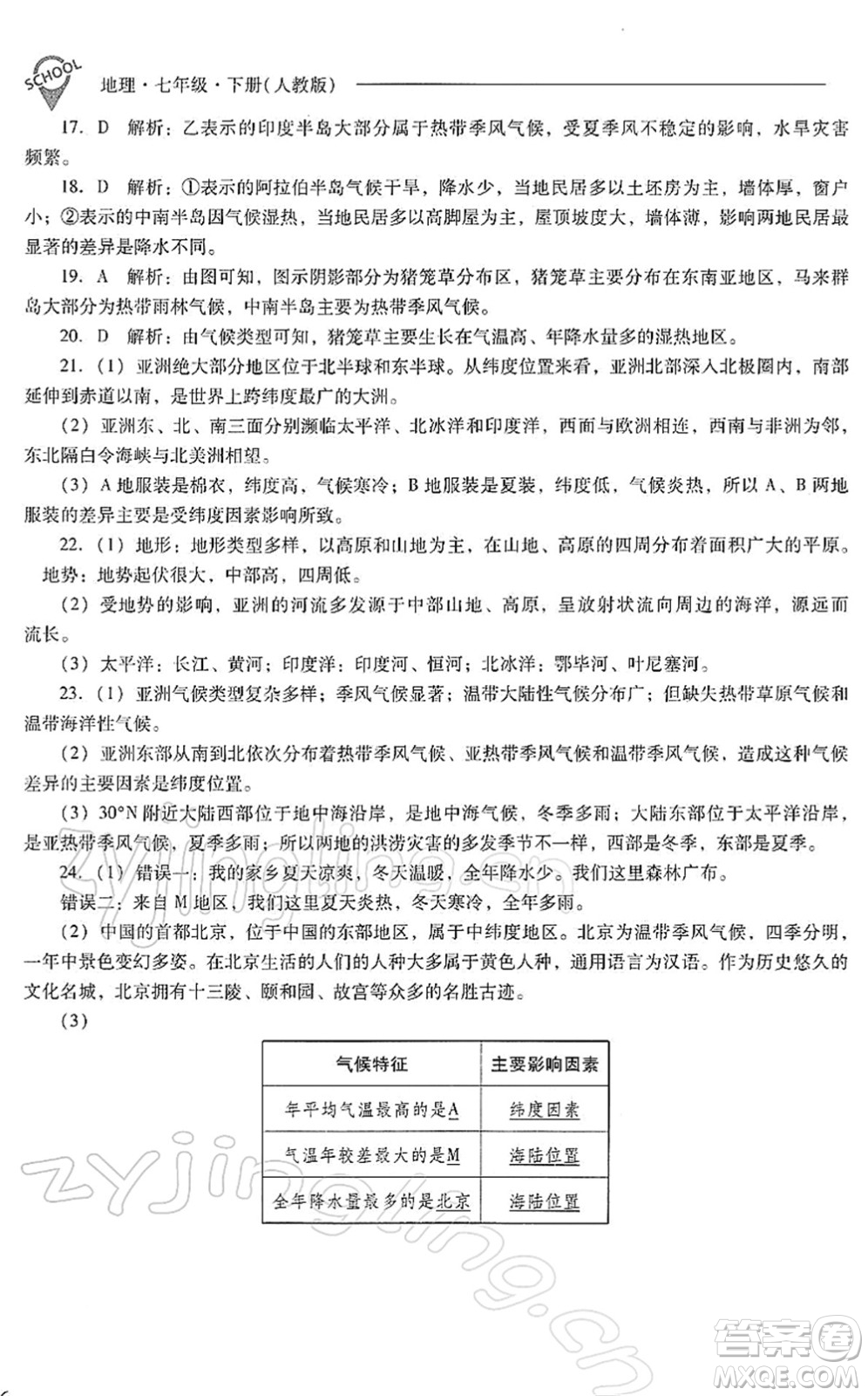 山西教育出版社2022新課程問題解決導(dǎo)學(xué)方案七年級地理下冊人教版答案