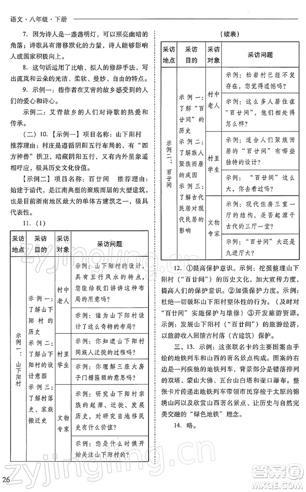 山西教育出版社2022新課程問題解決導(dǎo)學(xué)方案八年級語文下冊人教版答案