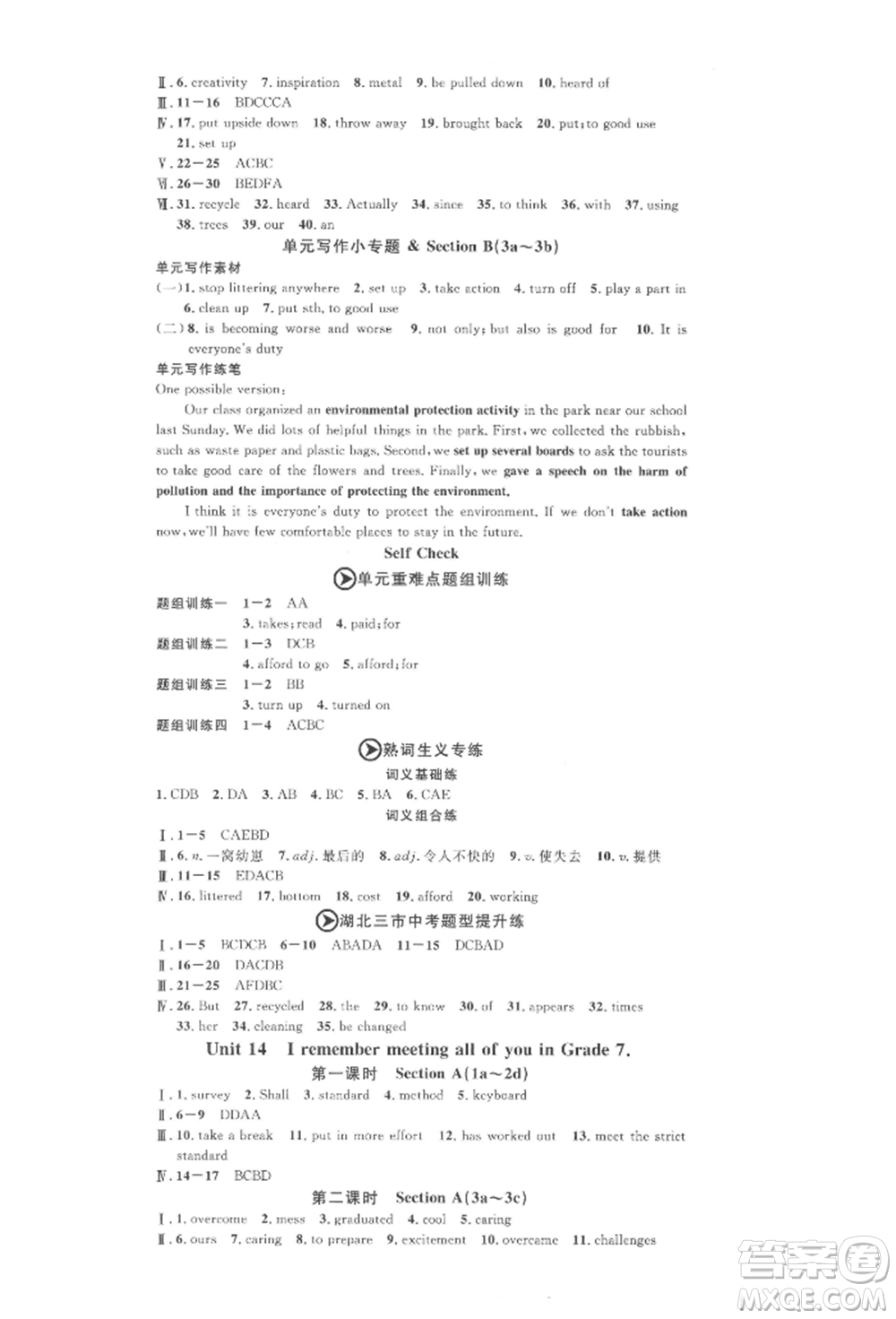 廣東經(jīng)濟(jì)出版社2022名校課堂背記本九年級(jí)英語(yǔ)下冊(cè)人教版湖北三市專(zhuān)版參考答案