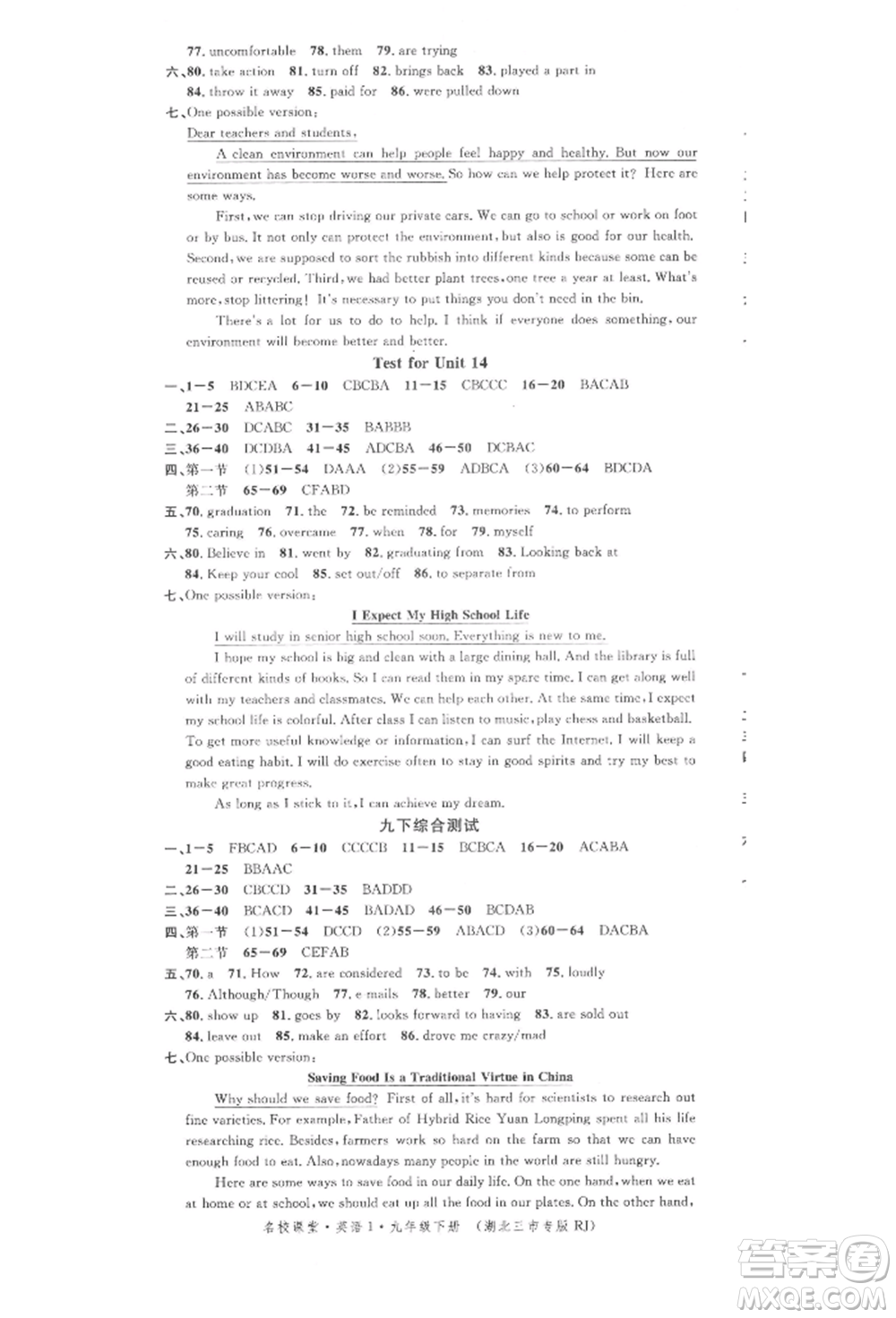 廣東經(jīng)濟(jì)出版社2022名校課堂背記本九年級(jí)英語(yǔ)下冊(cè)人教版湖北三市專(zhuān)版參考答案