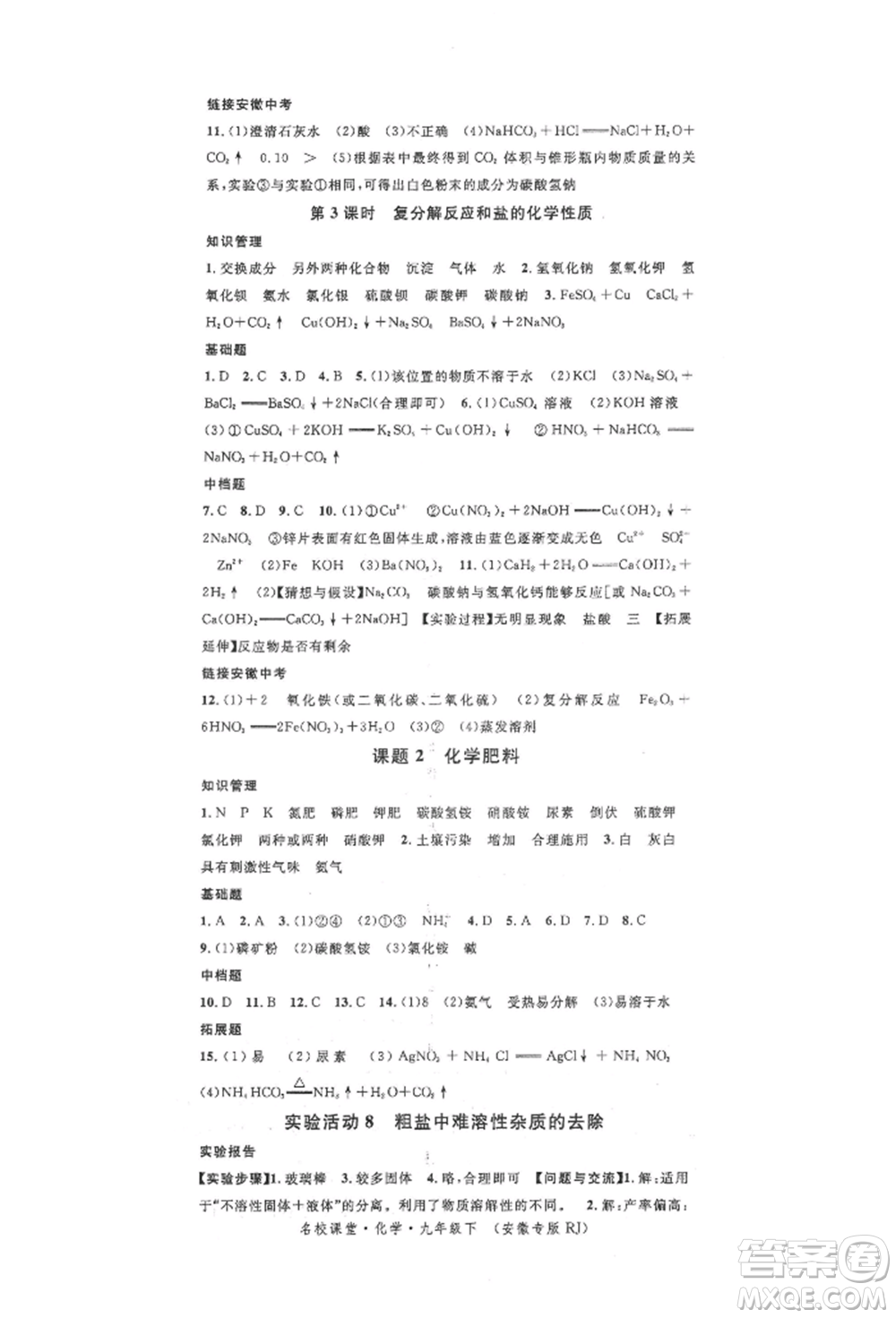 安徽師范大學(xué)出版社2022名校課堂背記手冊(cè)九年級(jí)化學(xué)下冊(cè)人教版安徽專版參考答案