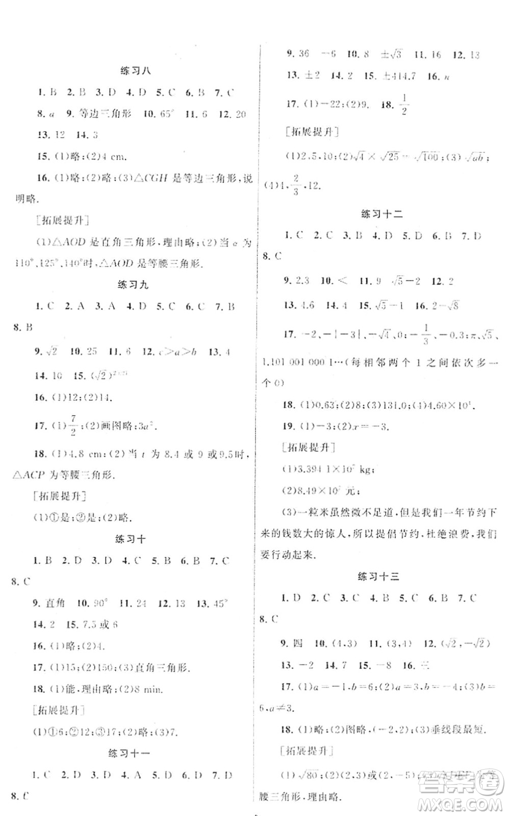 譯林出版社2022寒假學(xué)習(xí)生活八年級(jí)數(shù)學(xué)提優(yōu)版蘇教版答案