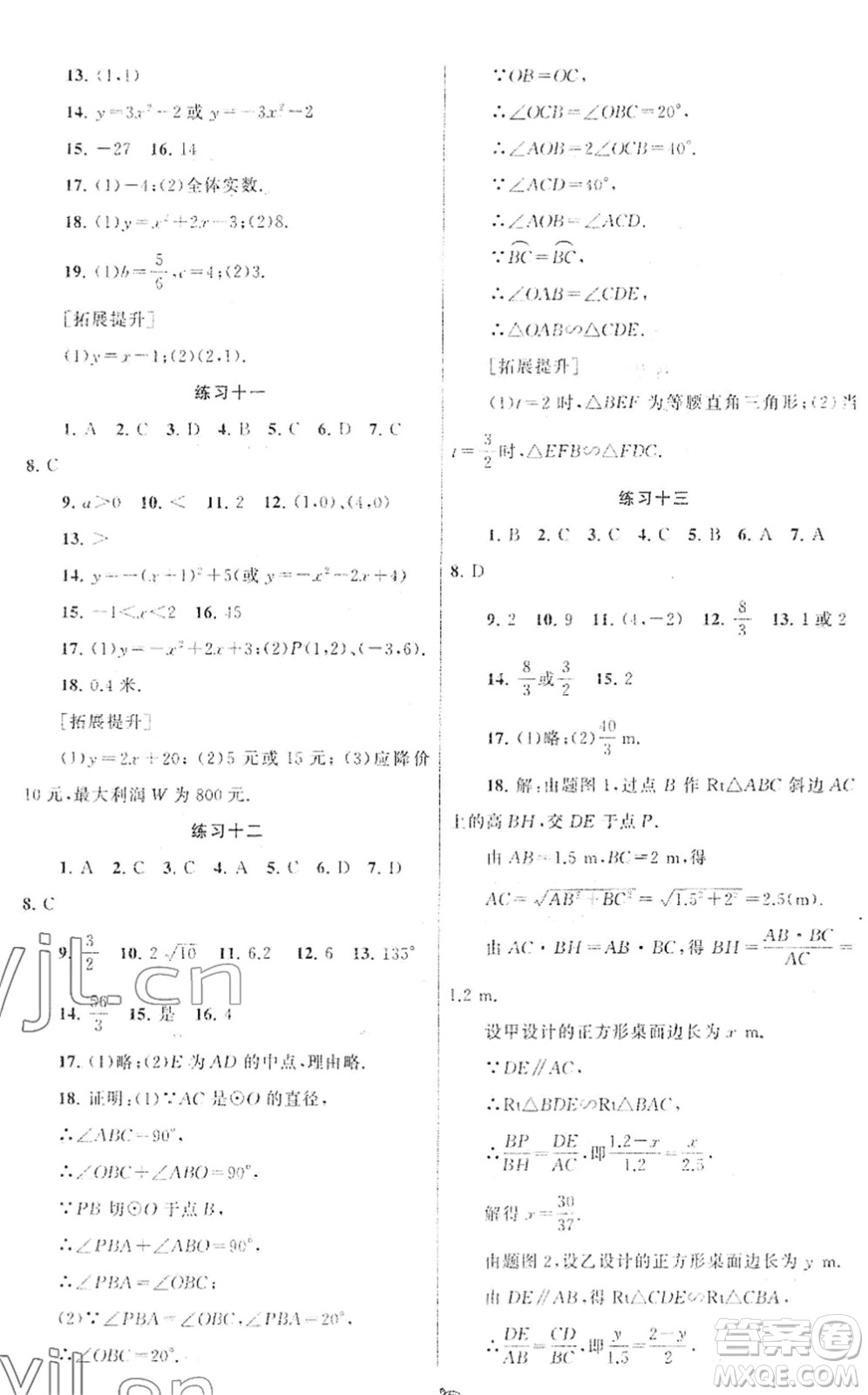 譯林出版社2022寒假學(xué)習(xí)生活九年級數(shù)學(xué)提優(yōu)版蘇教版答案