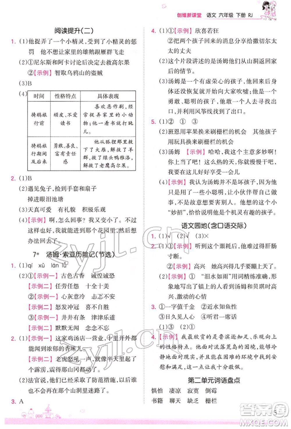 江西人民出版社2022王朝霞創(chuàng)維新課堂同步優(yōu)化訓練六年級下冊語文人教版參考答案