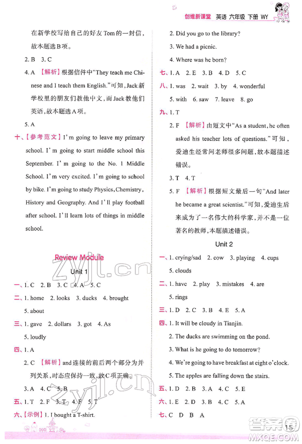 江西人民出版社2022王朝霞創(chuàng)維新課堂同步優(yōu)化訓(xùn)練六年級下冊英語外研版參考答案