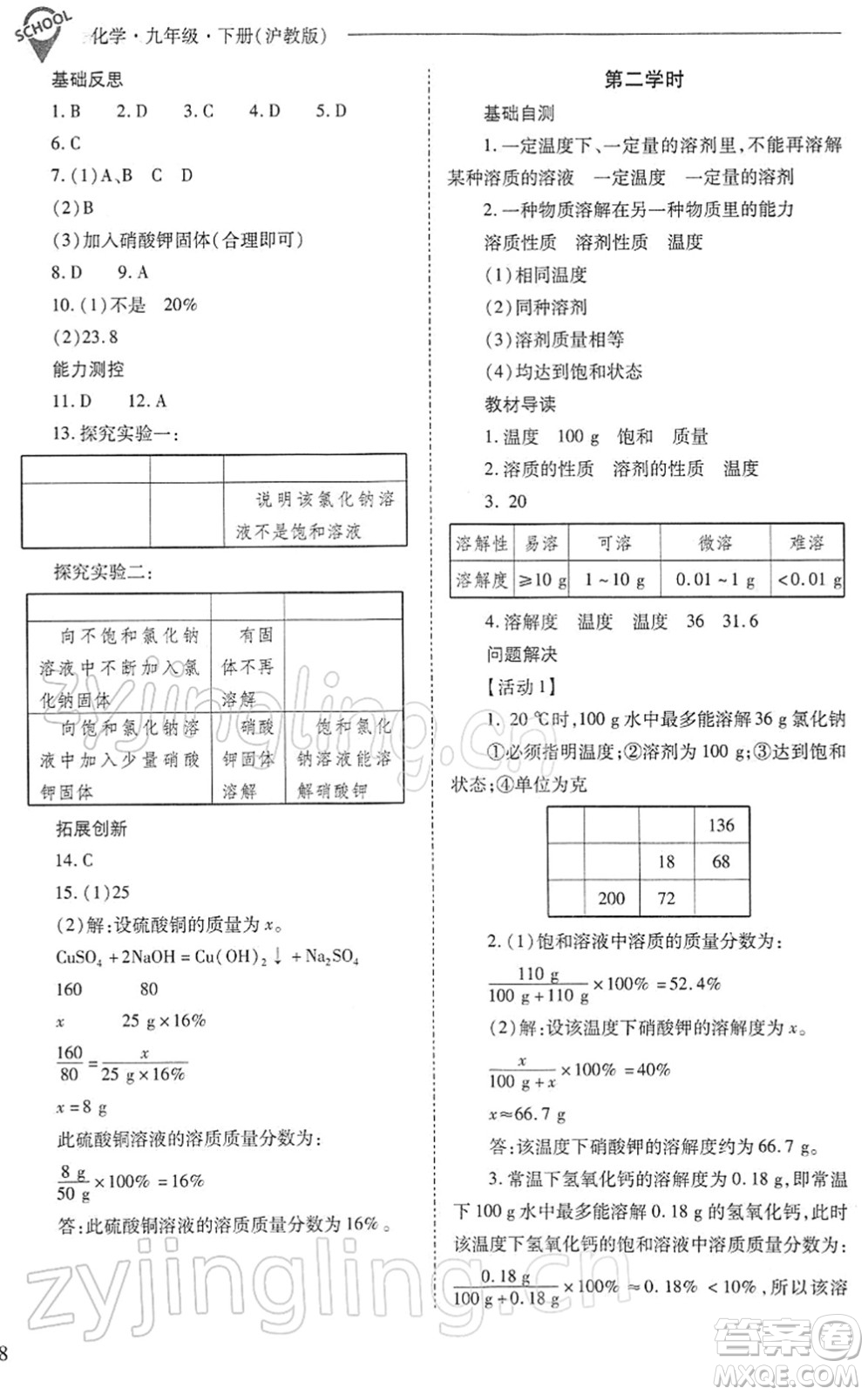 山西教育出版社2022新課程問題解決導(dǎo)學(xué)方案九年級(jí)化學(xué)下冊滬教版答案