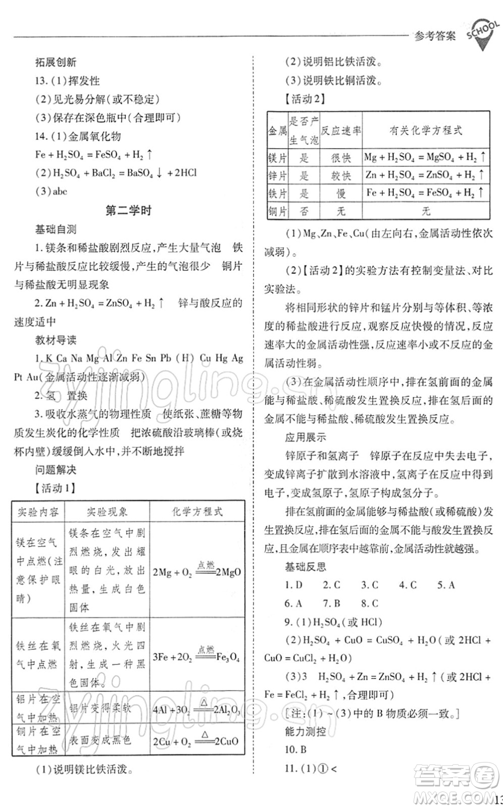 山西教育出版社2022新課程問題解決導(dǎo)學(xué)方案九年級(jí)化學(xué)下冊滬教版答案