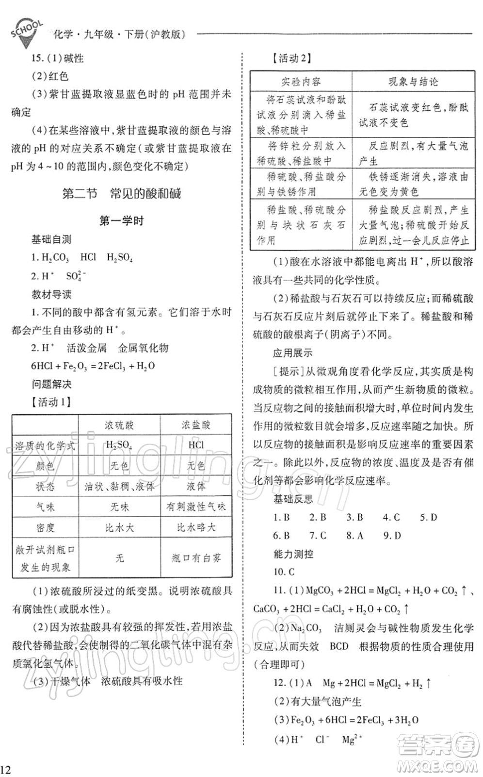 山西教育出版社2022新課程問題解決導(dǎo)學(xué)方案九年級(jí)化學(xué)下冊滬教版答案