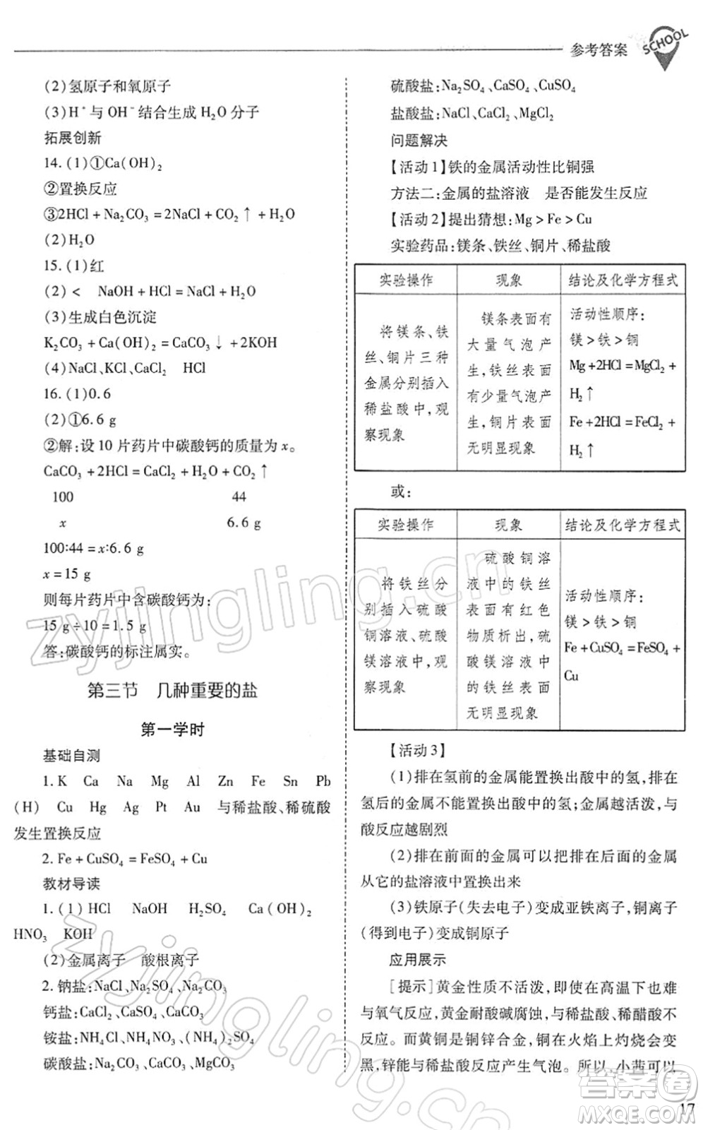 山西教育出版社2022新課程問題解決導(dǎo)學(xué)方案九年級(jí)化學(xué)下冊滬教版答案