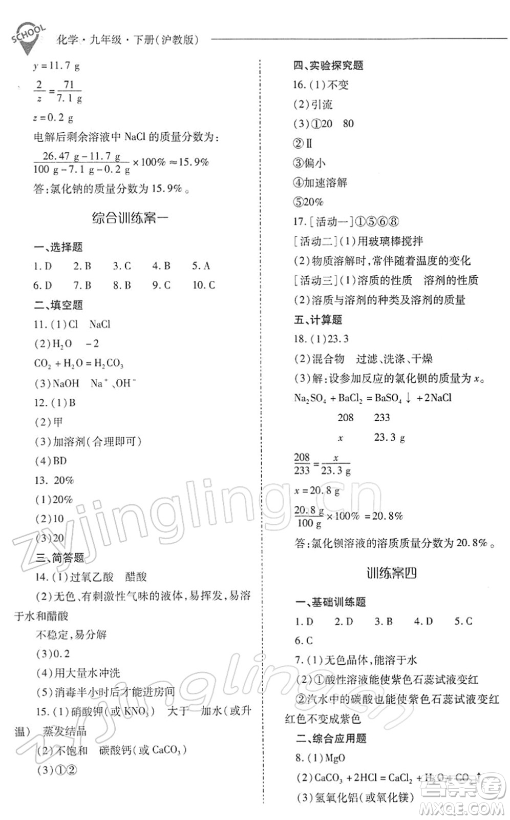 山西教育出版社2022新課程問題解決導(dǎo)學(xué)方案九年級(jí)化學(xué)下冊滬教版答案