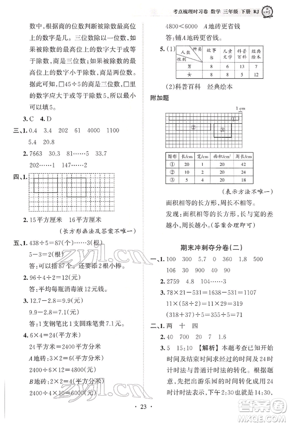 江西人民出版社2022王朝霞考點梳理時習(xí)卷三年級數(shù)學(xué)下冊人教版參考答案