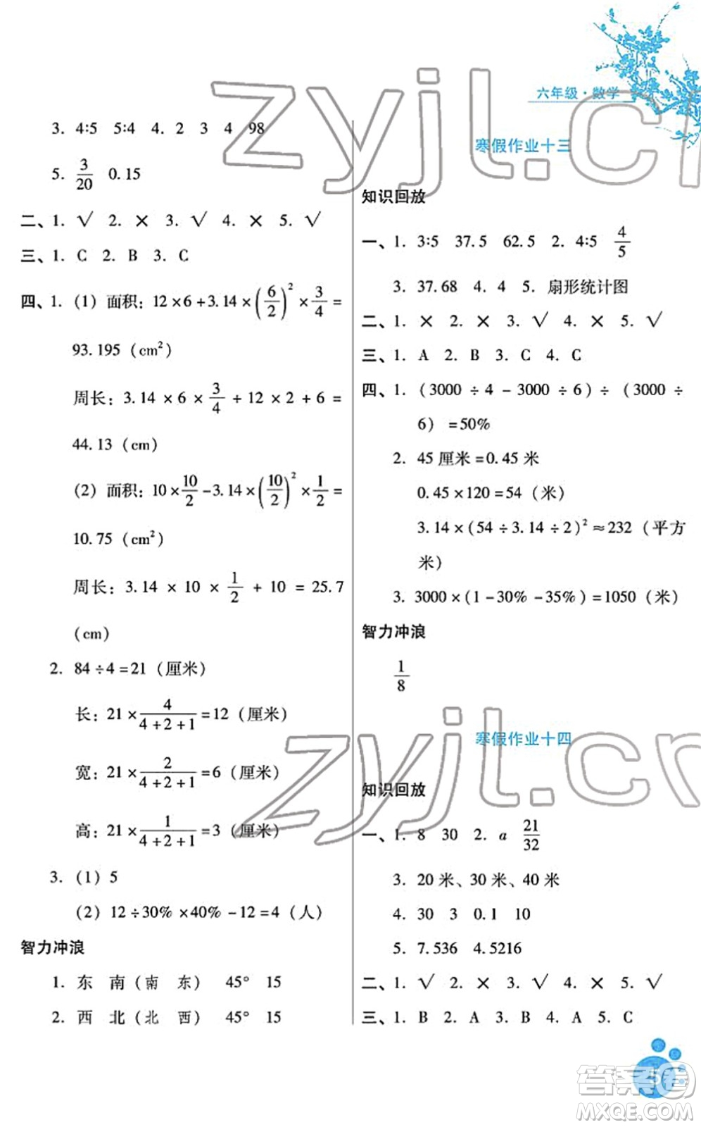 河北少年兒童出版社2022寒假生活六年級數(shù)學通用版答案